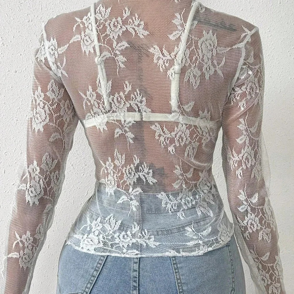 White Sexy Women's Lace Ruffle Hem Sheer Top - Picture 2 of 6
